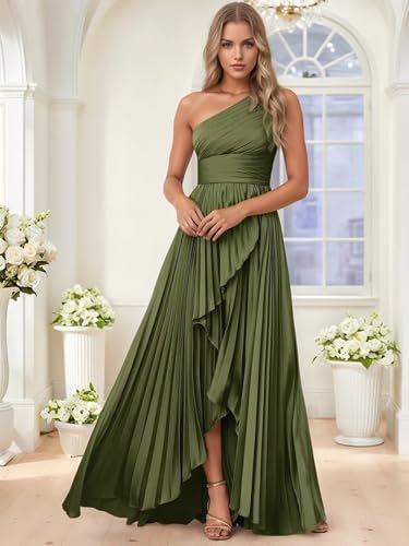 One Shoulder Bridesmaid Dress for Women Pleated Satin A Line Ruched Long Formal Party Dresses with Slit2