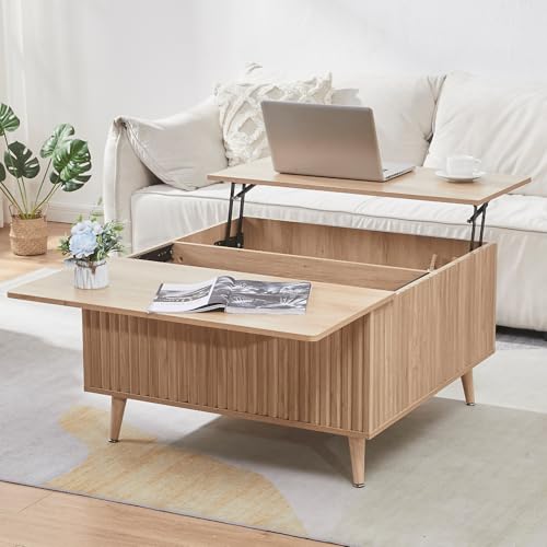 Image of Square Coffee Table for Living Room, Lift Top Coffee Table with Storage, Fluted Coffee Tables with Lifting Top, Mid Century Modern Center Tea Table for Home Office, Studio, Natural Oak
