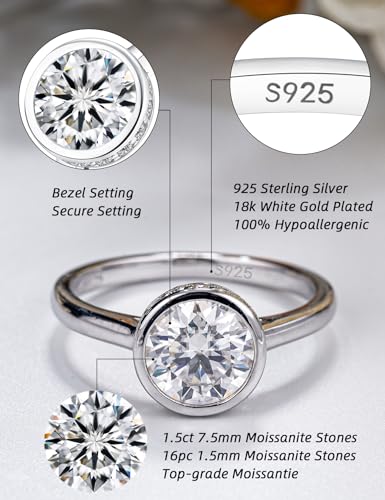 IMOLOVE Moissanite Engagement Rings for Women, 1.5 Carat D Color VVS1 Solitaire Bezel Engagement Ring Hidden Halo Round Cut Moissanite Wedding Rings for Women with 18K White Gold Plated Size 5-112