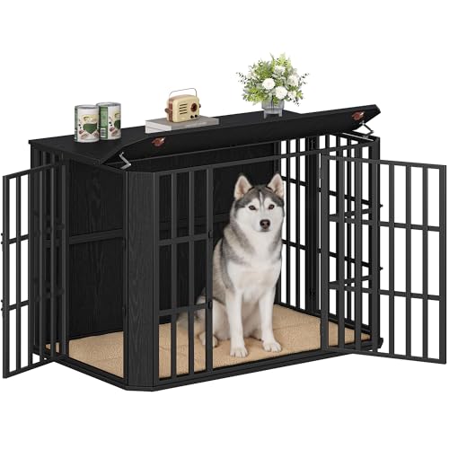 Hzuaneri Hundekäfig Möbel, Hochbelastbar Hundebox aus Holz für den Innenbereich mit Futtertür Oben, Mehrtür- Design, Großer Hundekäfig- Beistelltisch, 120 x 75 x 81 cm, Schwarz DFC86804B