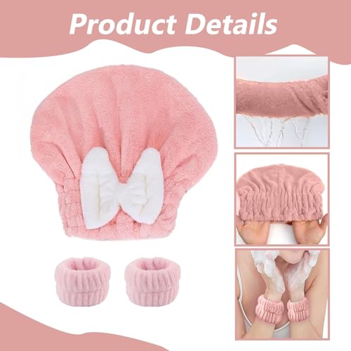 Tyrzol 6pcs Hair Towel Wrap Super Absorbent Hair Towel Wrap for Wet Hair Microfiber Hair Drying Caps Rapid Hair Drying Towel Quick Dry Head Wrap with Bow-Knot Shower Cap(Pink+Blue+Wristband) - Image 4