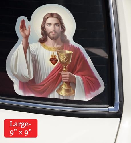 Image of Jesus Christ Sticker - Sacred Heart of Jesus Vinyl Decal, God Catholic Religious Stickers for Car Bumper, Our Lord with Cross Design (5x5)