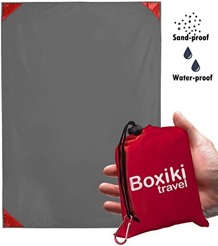Boxiki Travel Compact Waterproof Pocket Beach Blanket Portable Lightweight Folding Tarp with Red Travel Case. Outdoor Picnic Camping Blanket with Easy Attachment Clip Accessory.