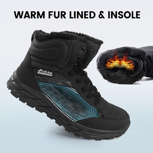 CC-Los Damen Winterstiefel Wasserdicht mit Warmem Kunstfellfutter, Rutschfeste Outdoor Knöchelstiefel für Schnee, Wandern und Kaltes Wetter | Schwarz 39