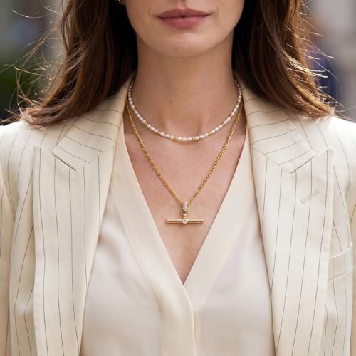 Image of Jeulia Layered Necklaces for Women Trendy Retro T Bar Pendant Pearl Necklaces Stack Trendy Pendant Necklaces Dainty Chain Choker Necklaces for Jewelry Birthday Gifts