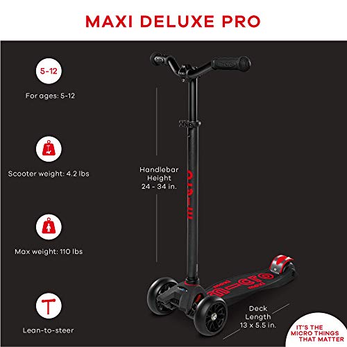 Micro Kickboard - Maxi Deluxe Pro Kick Scooter - Smooth-Gliding, 3-Wheeled, Lean-To-Steer Scooter With Fat, Stable Wheels And Chopper-Style, Adjustable-Height Handlebars Ages 5-12 (Black/Red) #TOP6