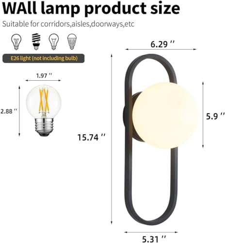 Image of Bektas Matte Black Wall Sconces Set of 2 with White Globe Glass Shade - Living Room & Bedroom Wall Lights ETL Listed