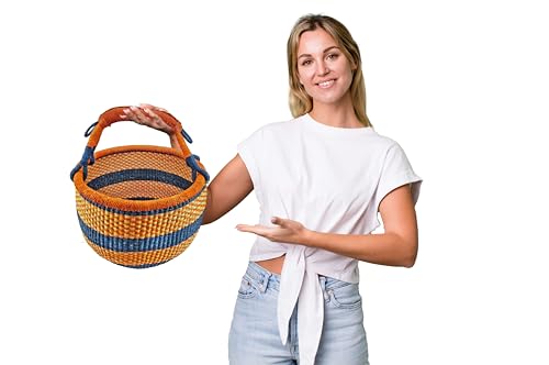 Foto von Großer Bolga Rundkorb Korb Original Afrika Ghana Einkaufskorb Ledergriff Fair Trade Ca : 35-40cm