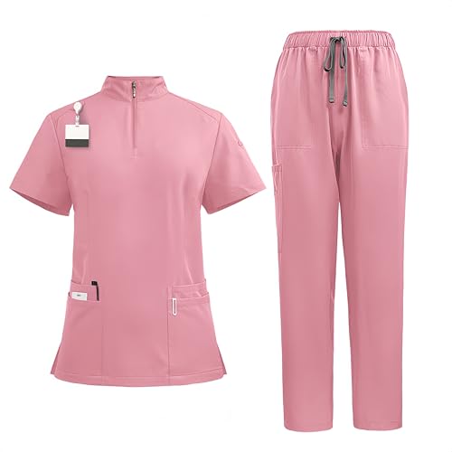 Aylashine Scrubs Medical Uniform, Set-Zipper Collar Top&Straight Pants, Unisex Workwear，for Doctors, Nurses, Beauty Salons Pink