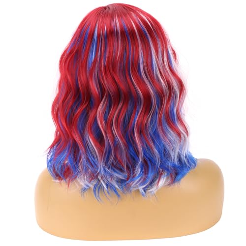 Image of BERON Red White and Blue Wigs for Women Fourth of July Costume Cosplay Wig Short Curly Wavy Colorful Girls Hair Wigs