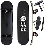HG HGONG HGONG スケートボード スケボー 31インチ 高精度 ABEC-11ベアリング採用 95Aウィール スケートボード コンプリート 漫画プリート 集中力や平衡感覚育成 初心者に向き 大人/若者/子供用 子供へプレゼントなどに【付赠：メンテナンスレンチとスケボー用バッグ】 (黒色、黑ホイール)