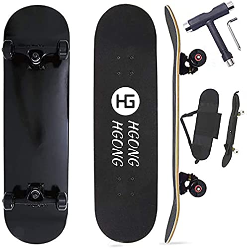 HG HGONG HGONG スケートボード スケボー 31インチ 高精度 ABEC-11ベアリング採用 95Aウィール スケートボード コンプリート 漫画プリート 集中力や平衡感覚育成 初心者に向き 大人/若者/子供用 子供へプレゼントなどに【付赠：メンテナンスレンチとスケボー用バッグ】 (黒色、黑ホイール)（Amazon）
