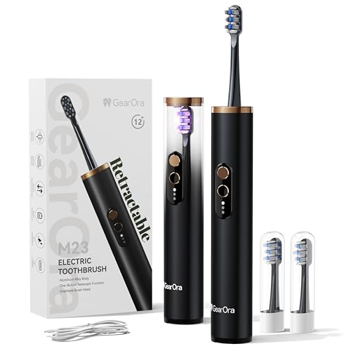 GearOra M23 Brosse à Dents Électrique de Voyage Rétractable avec Stérilisateur UV, Brosse Sonique Adulte, 30 Jours d'Autonomie, Aluminium, 130g Ultra-Léger, 3 Modes, USB-C, IPX7, Noir