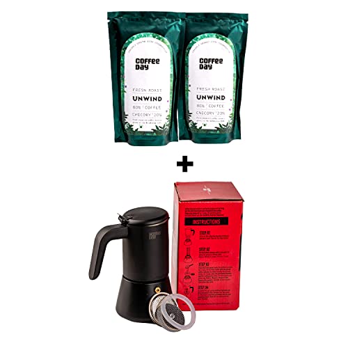 Image of Cafe Coffee Day UNWIND Filter Coffee Powder with Stovetop Filter Coffee Maker (6 cups) | 80% Coffee, 20% Chicory | Freshly Roasted Ground Coffee Powder, Medium to Dark Roast | Pack of 2 (200gm each)