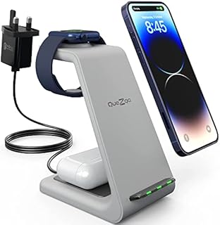 QUEZQA Wireless Charger 3 in 1 Charging Station - Fast Qi Certified Charger Stand for Apple Watch Series Ultra 8 7 6 SE 5 AirPods Pro 3 2 iPhone 14 Pro Max 14 Plus 13 Pro Max 12 11 Pro Max 18W Adapter