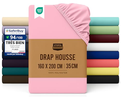Utopia Bedding Drap Housse - Rose, 160 x 200 cm - Certifié Oeko-Tex - Bonnets 35 cm pour Matelas...