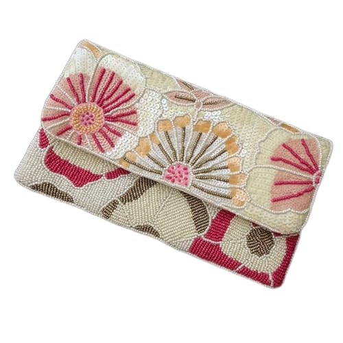 Image of Enliven Beaded Clutch Bag for Women | Pink Floral Handcrafted Evening Purse | Elegant Beaded Handbag for Weddings, Parties & Special Occasions | Compact, Stylish & Durable