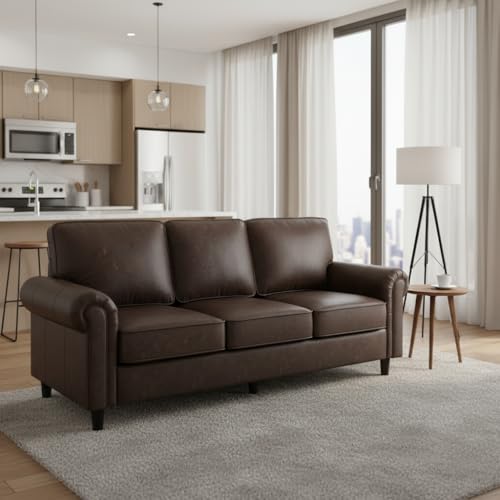 Image of Kingfun Faux Leather 3 Seater Couch, Mid Century Modern Sofa with Rolled Arms and Deep Seats, Fluffy Comfort for Living Room, Apartment, Easy Assembly, Cocoa