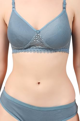 Image of Women's Cotton Lace Lingerie Set | Padded Wire-Free Comfort Bra & Panty Combo | Everyday Essentials in Nude