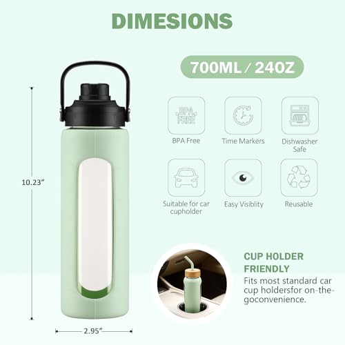 Image of 24 oz Glass Water Bottle with Straw - 2 Lids (Bamboo & Spout), Motivational Borosilicate Glass Daily Water Intake Bottle with Time Marker, Silicone Sleeve for Gym Home Office-Light Green
