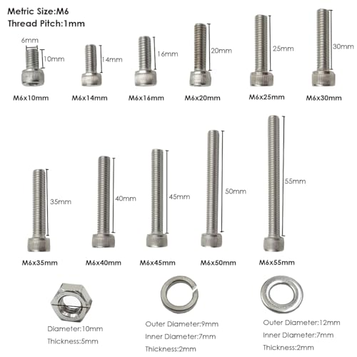 Image of M6-1.0 x 14mm Hex Socket Head Cap Screws Bolts Nuts Washer Set Allen Socket Drive Screws,304 Stainless Steel,Bright Finish, Fully Threaded (M6x14mm(20sets))