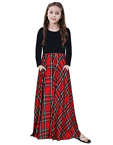 KYMIDY Girl Maxi Dress Kids Casual Buffalo Check Plaid Long Sleeve Dresses with Pockets(6-14yrs)
