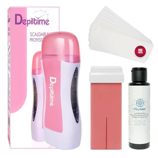 Anyskin Kit Scaldacera Rullo Professionale - Contiene 1 Ricarica Ceretta Rullo Liposolubile Rosa + Anyskin Olio Dopocera 100ml e Strisce Depilatorie Tnt 50pz