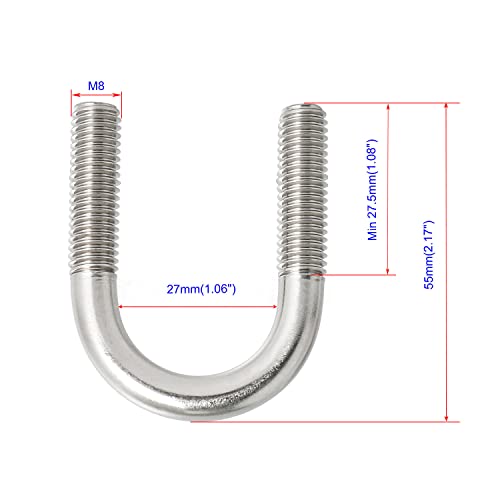 Image of Round U-Bolts 1.06 Inch (27mm) Inner Width M8 Thread 304 Stainless Steel Silver with Plates Nuts Flat Washers for CarRVTrailer Bumper, 2Pcs, M8x27mm