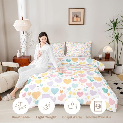 Image of Erosebridal Girls Heart Pattern King Bedding Set Rainbow Heart Comforter Set for Kids Teens Kawaii Valentine Theme Comforter Cartoon Geometric Quilt