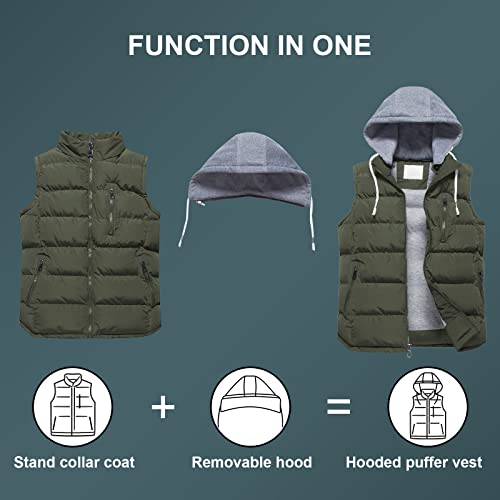 Creatmo Us Men's Thicken Winter Vest Water-Resistant Puffer Jacket Thicken Vest With Removable Hood Army Green L #TOP3