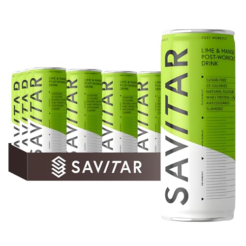 Savitar Lime and Mango Post Workout Muscle Recovery Drink | Whey Protein, Turmeric, Antioxidants, Low Calorie, Sugar Free Drink, Pack of 12 x 250ml cans
