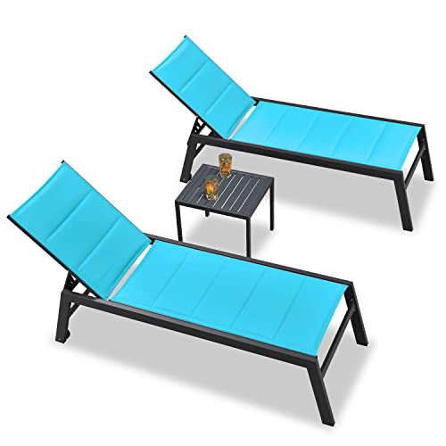 Purple Leaf Outdoor Chaise Lounge 2 Pieces Aluminum Patio Lounge Chair With Side Table And Wheels All Weather Outdoor Reclining Chair For Patio Pool Beach Sunbathing Chair, Turquoise Blue #TOP26