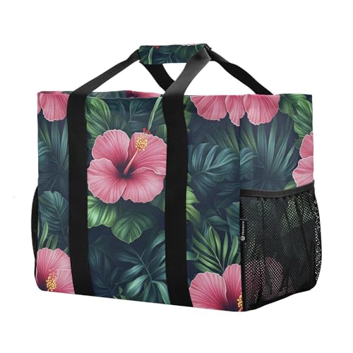JUNZAN Hibiscus Flowers Tropical Utility Bags And Totes Foldable Beach Tote Sandproof Grocery Shopping Tote Canvas Laundry Bag Travel Pink