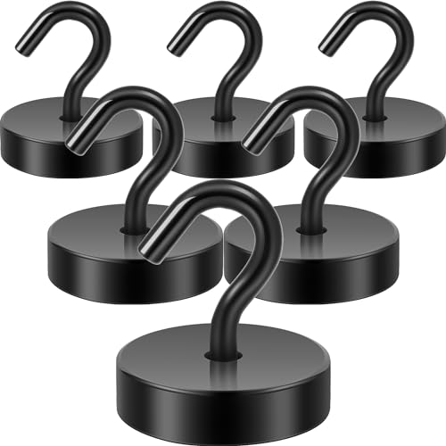 Neosmuk 60lb+ Extra Strong Magnet with Hook for Fridge,Heavy Duty Cruise Hook for Ceiling,Small Magnetic Holder for Van, Tool(Black, Pack of 6)