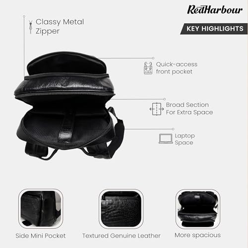 Image of Red Harbour Genuine Leather Laptop Backpack for Men & Women | Office Business Travel Backpack with Spacious Compartments, Side Pockets & Metal Zipper