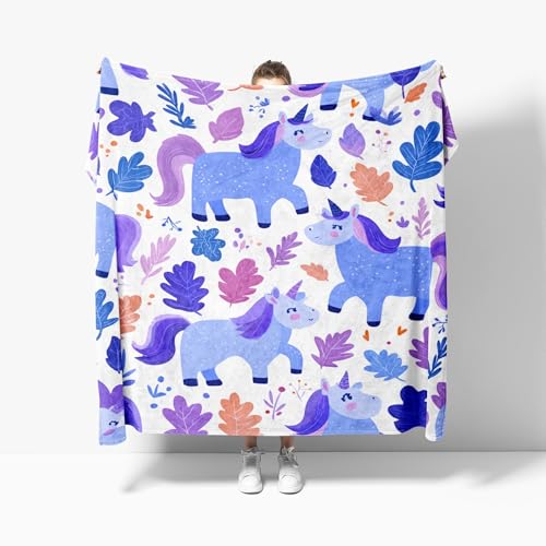 Kuscheldecke Flauschig Flanell Flauschdecke für Kinder Erwachsener L 100x130 cm, Abstraktes Cartoon-Einhorn Weich Leicht Sofadecke Tagesdecke, Blau-Lila Wohndecke Warm für Alle Jahreszeiten