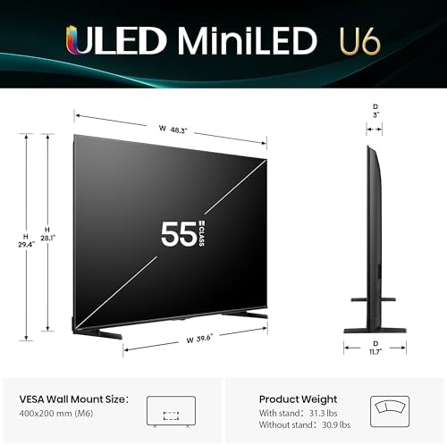 Hisense 55" Class U6 Series Mini-LED 4K UHD Smart Fire TV (55U65QF, 2025 Model) - QLED, Native 144Hz, HDR10+, Dolby Vision IQ, Dolby Atmos, Game Mode Pro, ALLM, Alexa Built in, Black - 2