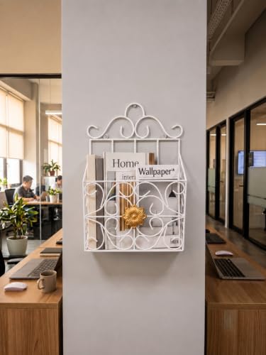 Image of Wall Mounted Hanging File & Magazine Holder - Metal Organizer for Newspapers, Documents & Office Storage | Decorative Rack for Home & Workspace 39x26x10 cm.