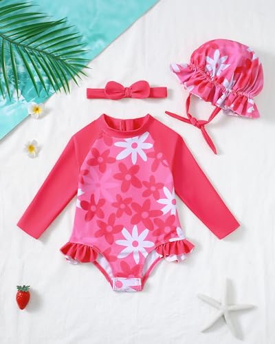 Image of SODLON Baby Girl Swimsuit Long Sleeve One-Piece Infant Bathing Suit 3M-3T | Girls Swim Suit with Hat & Zipper & Headband, Rash Guard Ruffle Swimwear, Toddler UPF 50+ Swimsuits, Baby Beach Essentials