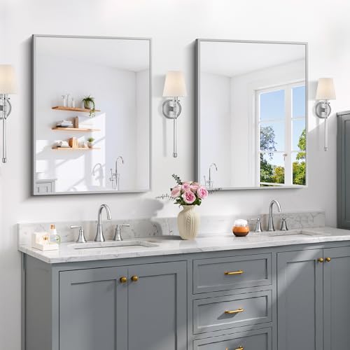 Image of COFENY Silver Bathroom Mirror for Wall, 24x32 Inch Rectangle with Metal Frame, Modern Vanity for Bathroom Living Room, Entryway Hangs Horizontal or Vertical