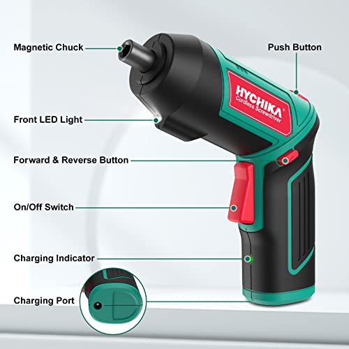 Cordless Screwdriver 6 N.m, Hychika 4V 2.0Ah Electric Screwdriver Gun, Adjustable 2 Position Handles, Front Led, Dc Charging, 20Pcs Accessories #TOP1