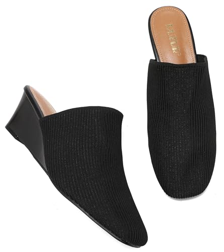 Womens Stacked Heel Wedges Knitted Heeled Mules,Ladies High Heel Slip on Comfortable Trendy Dressy Casual Fancy Holiday Going Out Everyday Crochet Elegant Shoe