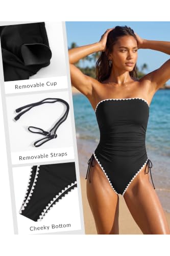 Image of Yonique Women Strapless One Piece Swimsuit Tummy Control Bandeau Bathing Suit Cheeky Swimwear