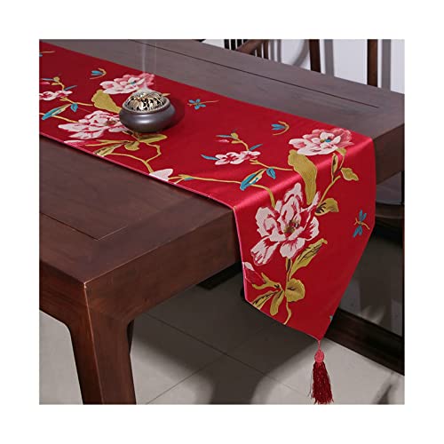 Chemin de table longue décoration de table automne rouge broderie florale polyester 33x210cm