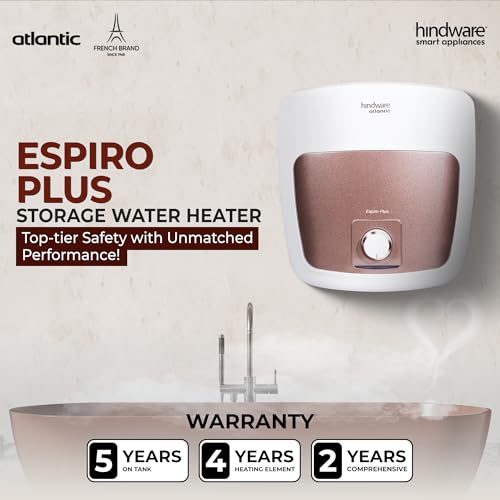 Image of Hindware Smart Appliances | Espiro plus 25L | 2Kw | Glasslined Coated Tank | 5-Star Rating And Temperature Control Knob |Storage Water Heater (Geyser) White & Black