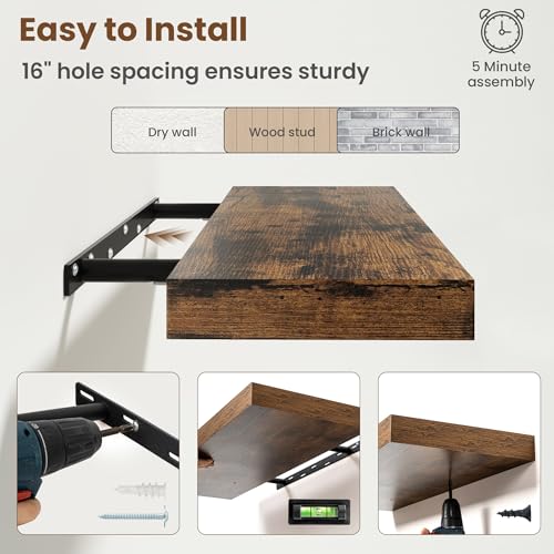 Image of 20 Inch Floating Shelves for Wall, 8 Inch Deep Floating Shelf for Storage & Display, Wall Mounted Shelf with Invisible Brackets for Living Room, Kitchen, Bathroom, Home Decor, Set of 2, Rustic Brown