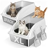 Tevila XL Stainless Steel Litter Box for Cats, 2 Pack High-Sided Large Pan