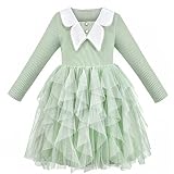 Vestido para niña Verde Acanalado Tejer Perla Volante Fruncido Casual Manga Larga Tutu 8 años