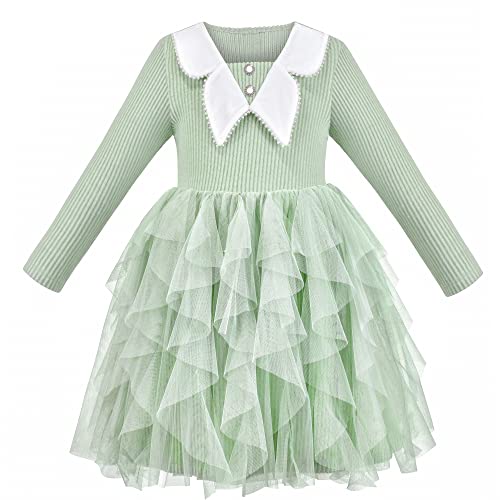 Sunny Fashion Robe Fille Vert Nervuré Tricoter Perle Ébouriffer Décontractée Manche Longue Tutu 7 Ans