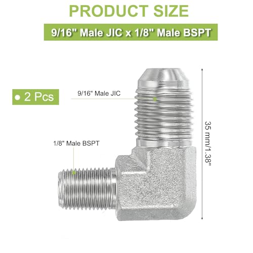 Image of PATIKIL 90 Degree Pipe Adapter, 2 Pcs 9 /16 inch Male 37 Flare JIC x 1 /8 inch BSPT Male Connector Carbon Steel Elbow Fitting for Air Hydraulic Fluid Fuel Water Oil, Silver